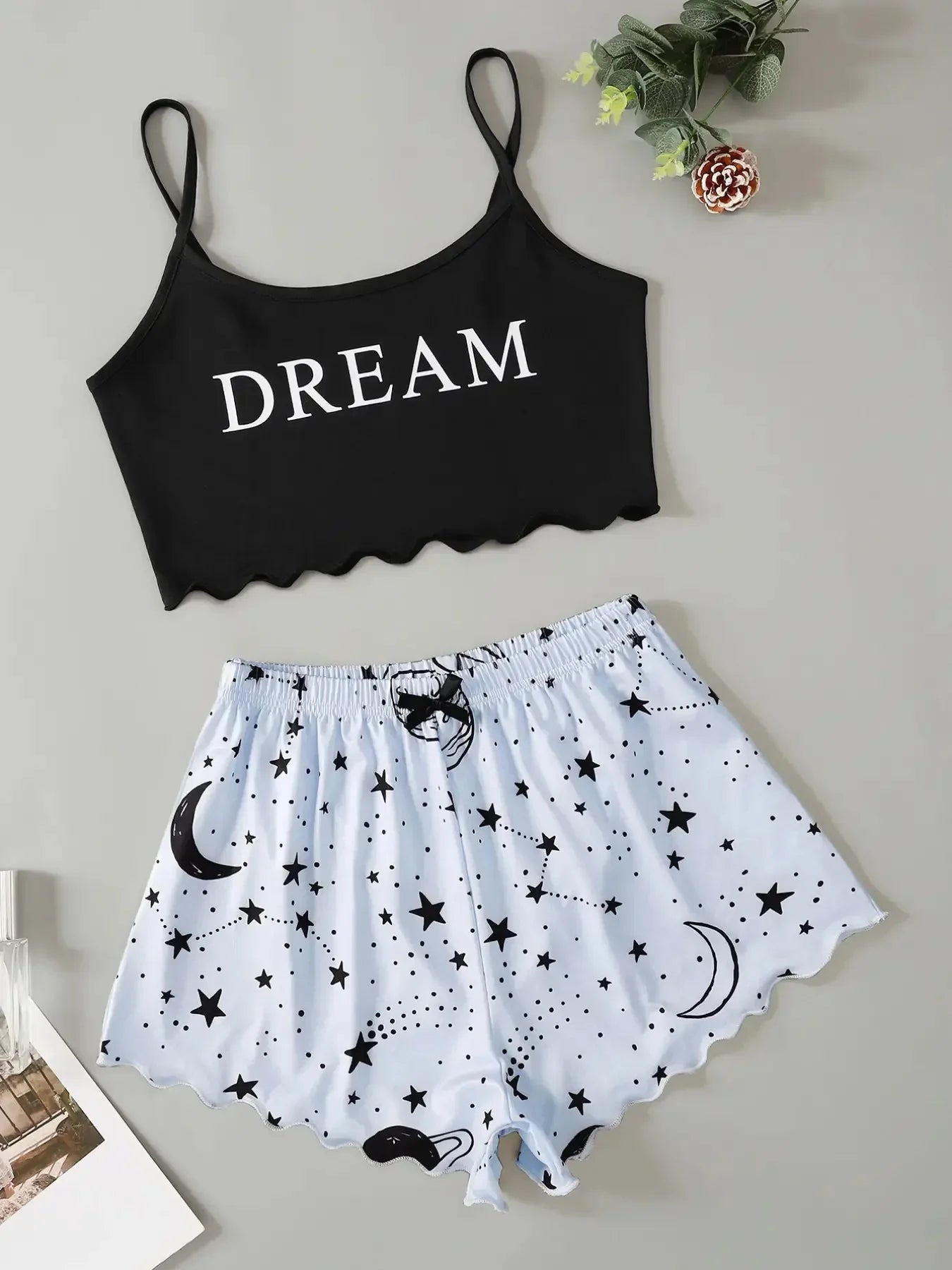 Ensemble de pyjama imprimé lettres d'été lune étoiles pour femmes, lingerie sexy sans manches, haut court avec short, ensemble de pyjama, vêtements de nuit