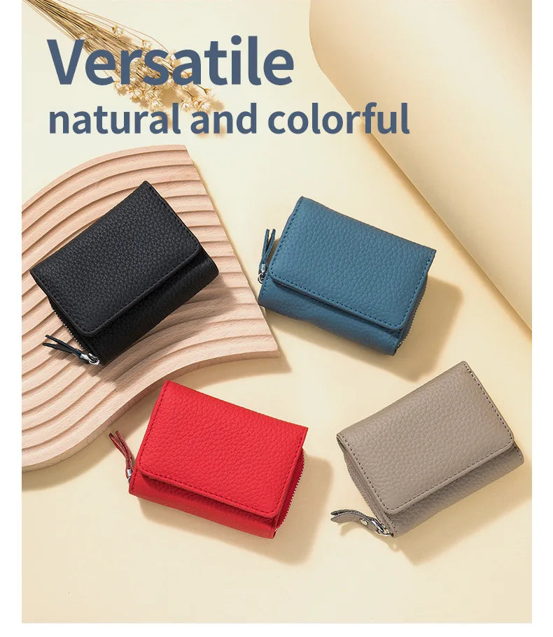 Genuine Leather RFID Short Wallets Card Holder Bag Portable Cowhide Small Zipper Money Coin Purse For Men Women Earphone Pouch