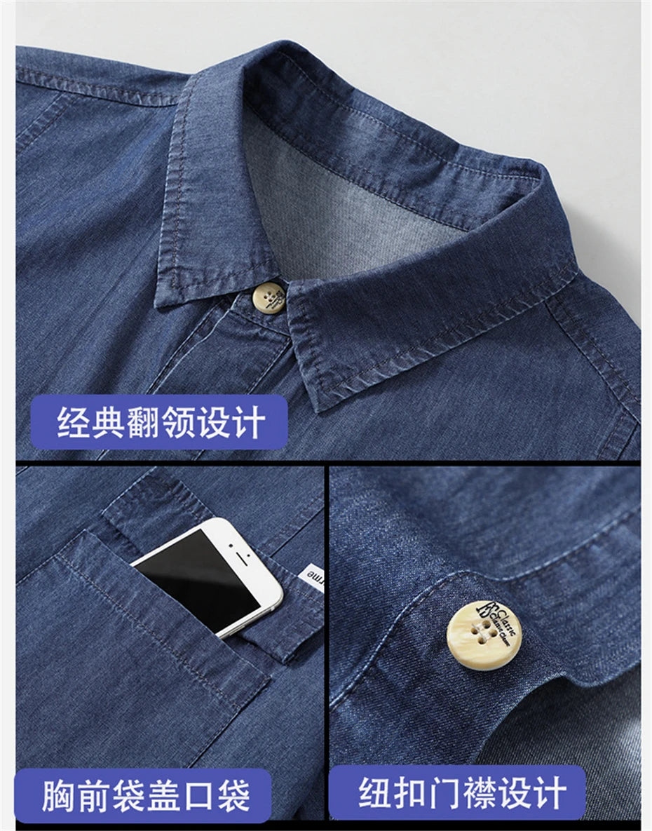 Summer Denim Shirt Men Short Sleeve Denim Shirts Jackets Male Plus Size 10XL Jean Shirts Blue Solid Color Tops Summer