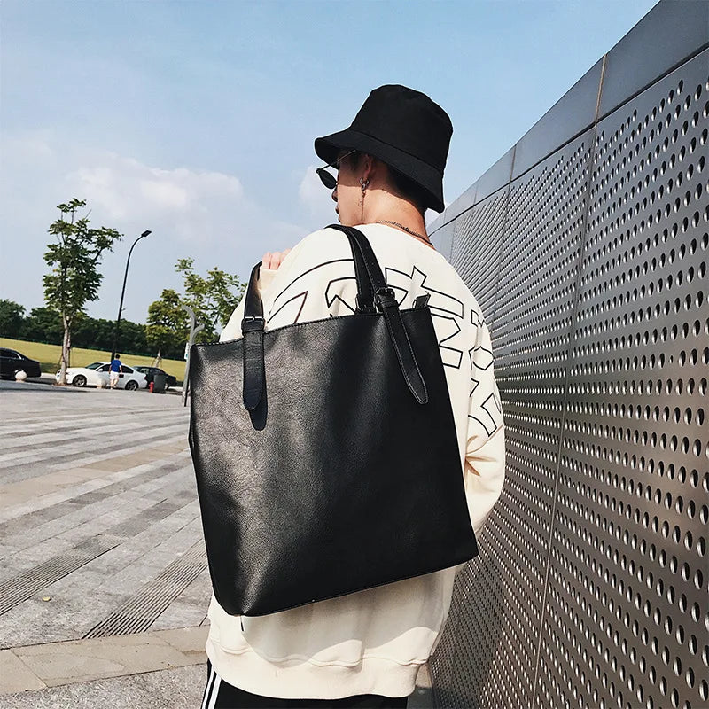 Soft Leather Tote Bag for Men Japanese Korea Style Business Casual Street Handbag Male Large Capacity Zipper Laptop Underam Bags