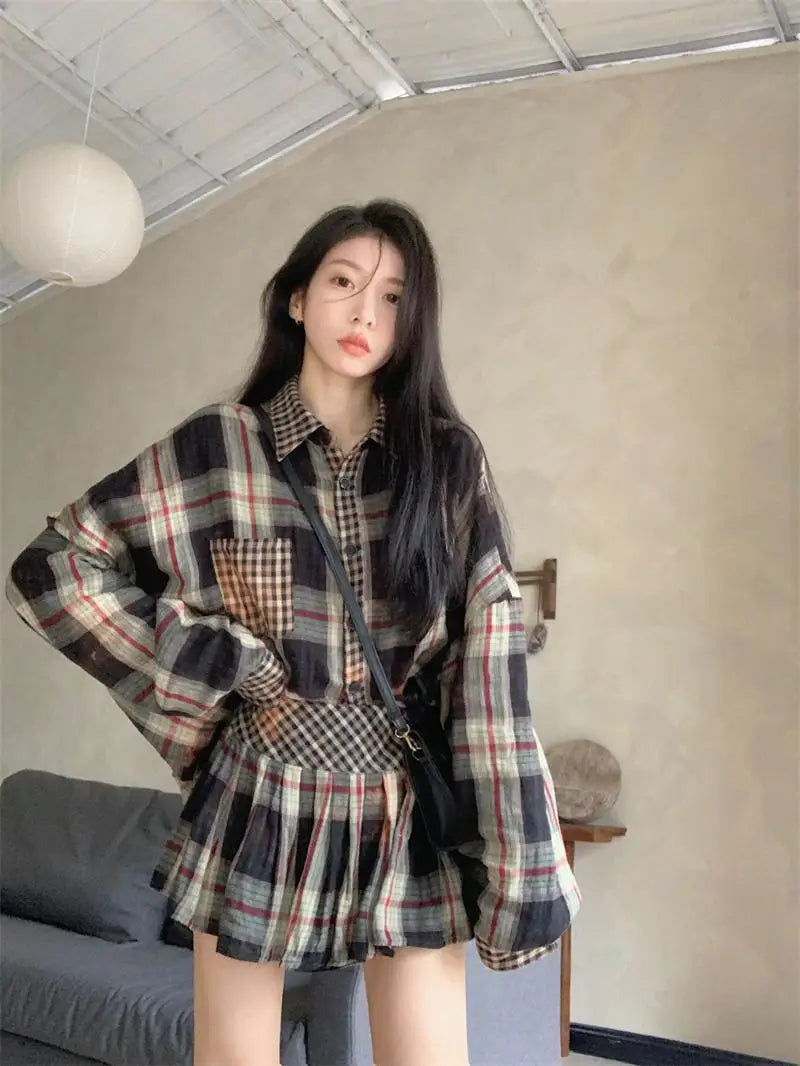 Onalippa Contrast Plaid Two Piece Sets Womens Outfits Turn Down Collar Casual Blouse Korean Chic Waist Belt Mini Pleated Skirts