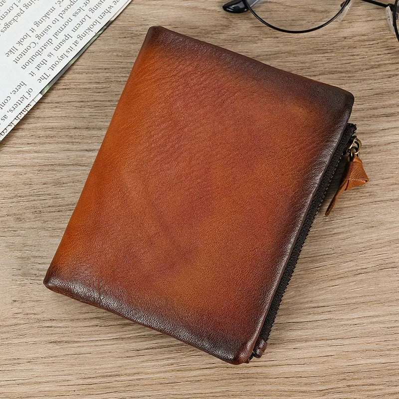 Leather Men‘s Short Wallet Hasp Genuine Leather Unisex Zipper Coin Clutch Purse Cowhide Card Holder Trifold Man wallets