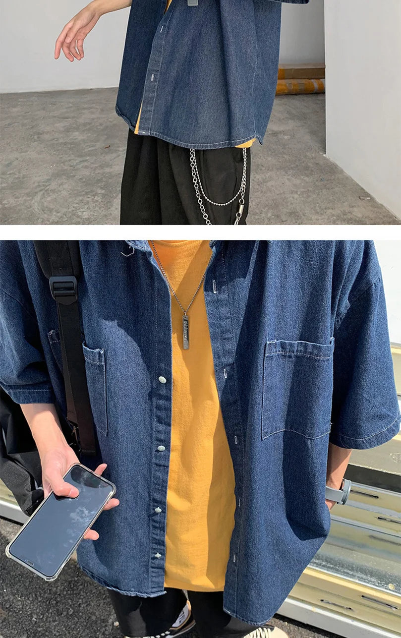 Summer Brand Denim Shirt Men Short Sleeve Cargo Shirt Coat Loose University Handsome Top Clothes 2023 Cowboy Oversize