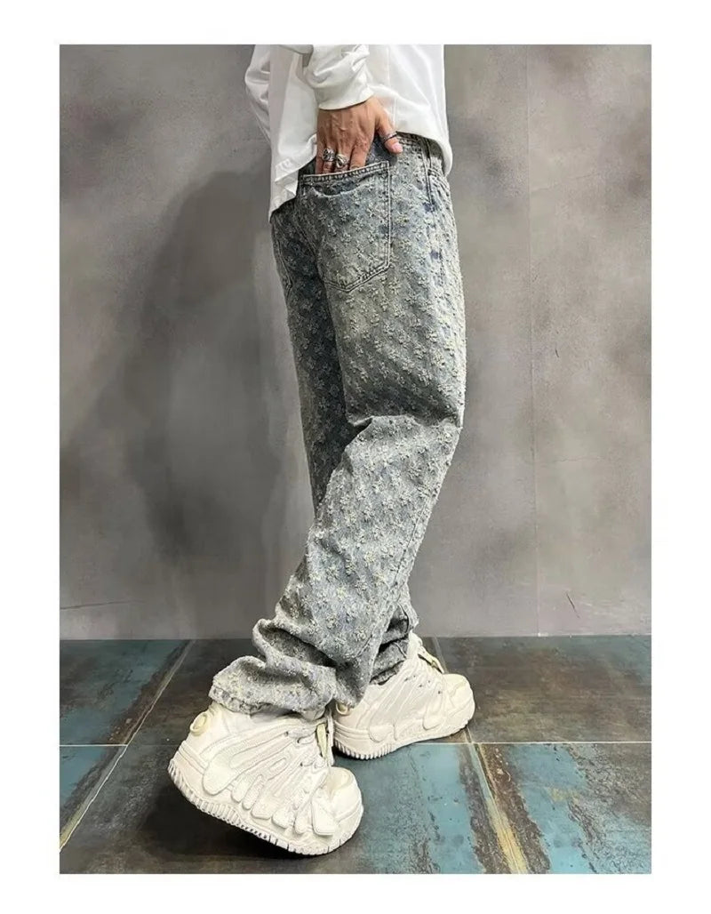 Jacquard All Over High Street Jeans Mens 2024 New Straight Lift Pattern Loose Wide Leg Jeans Casual Boyfriend Jeans Pants Tide