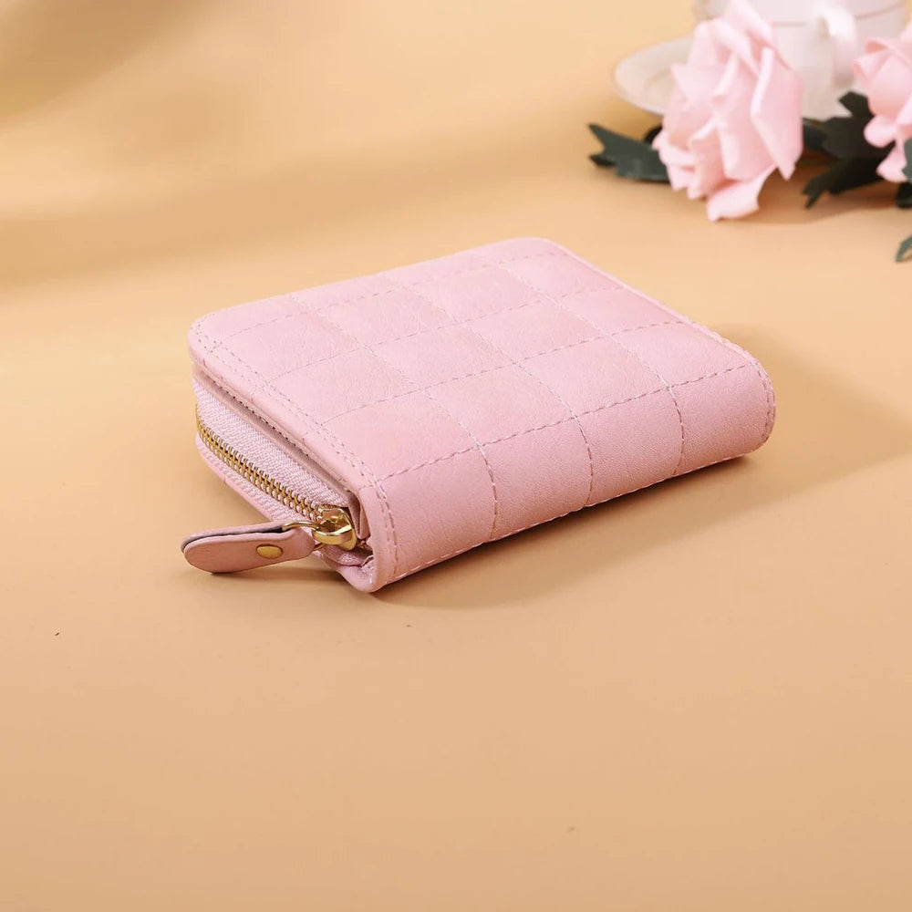 Leisure Flodable Short Wallets Coin Card Holder Women‘s PU Leather Plaid Zipper Coin Money Purses ID Credit Card Holder Wallet