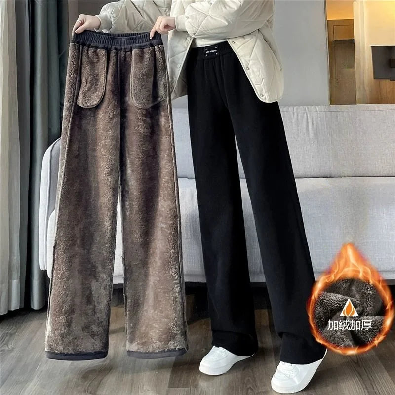 Winter Warm Thicken Lambswool Straight Pants Women Casual Elastic High Waist Fleece lined Wide Leg Pantalones Chic Baggy Pants