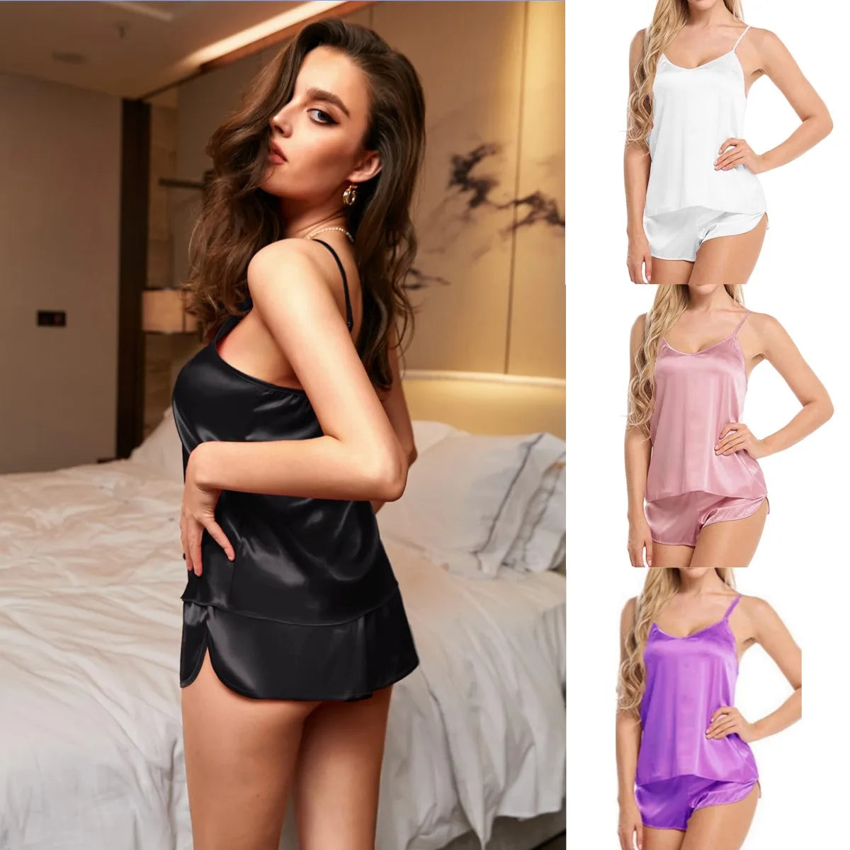 بيجامات نسائية مثيرة من الحرير الجليدي ملابس نوم داخلية وشورت أبيض وأسود ورمادي مقاس L XL XXL مريحة غير رسمية صيفية