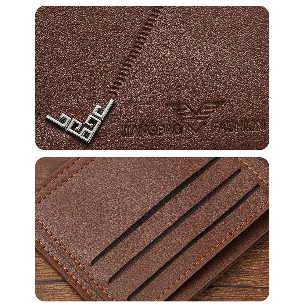 Lychee Texture PU Leather Men's Wallet Short Cash Purse Multi Card Slot Patchwork Card Holder Photo Holder Horizontal Money Clip