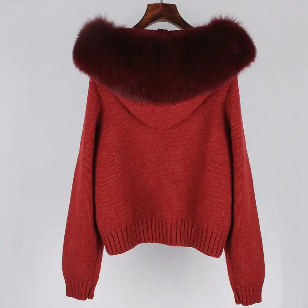 2024 Fashion Autumn Winter Casual Hooded Real Fox Fur Collar Fashion Short Knitted Jacket with Natural Fur Coat for Women