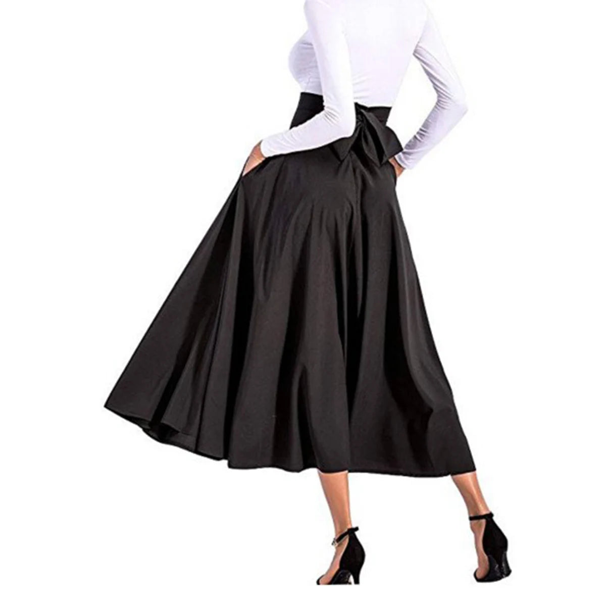 Mode Effen Kleur Grote Swing Vrouwen Rok Lange Rok Herfst Wilde Hoge Taille Strik Slanke Rokken