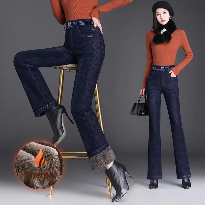 Jeans Femme Doublé Polaire Épais Taille Haute Jambe Droite Taille Élastique Pantalon Pattes D'éléphant Chaud Automne/Hiver