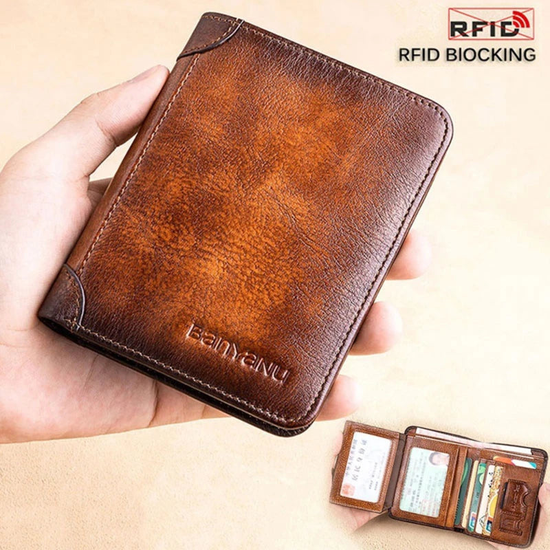 Genuine Leather Rfid Protection Wallets for Men Vintage Thin Short Multi Function ID Credit Card Holder Money Bag