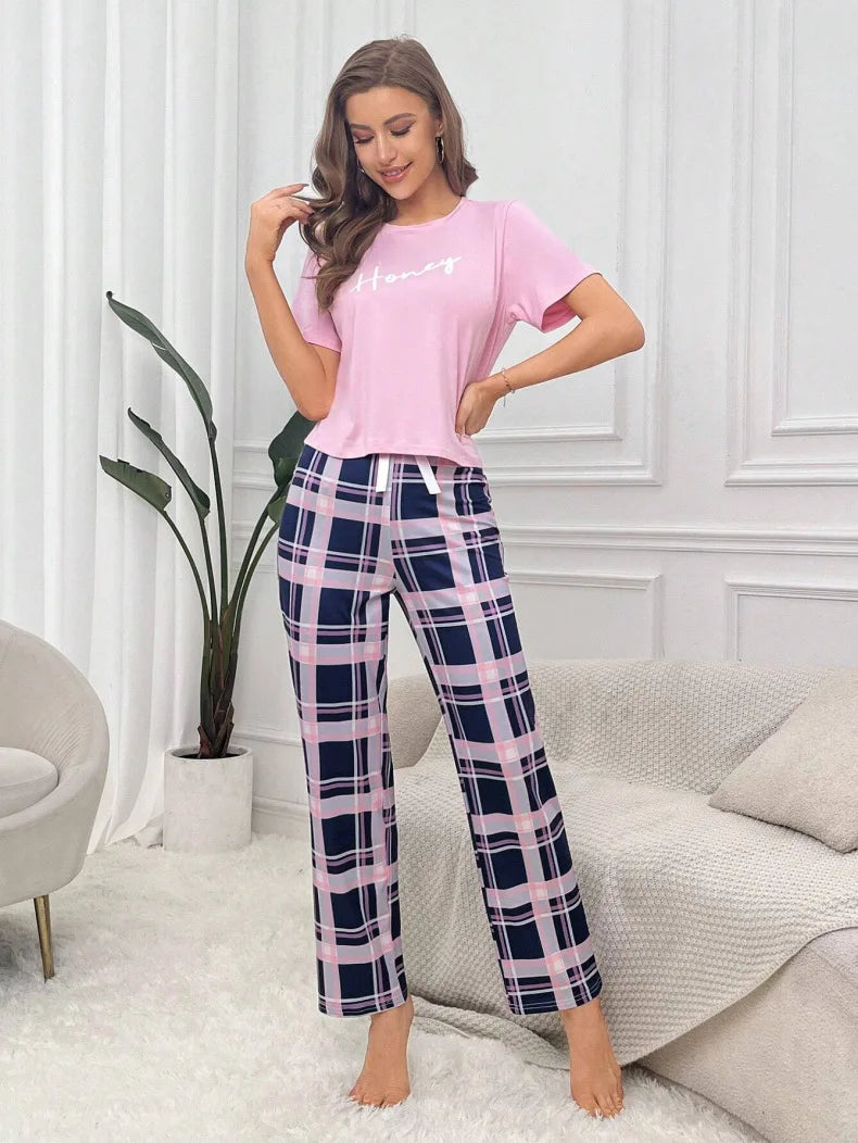 Women Pajama Set Super Soft Cotton Short Sleeve Pink Tops With Long Pants  Two Pieces High Quality Sexy Lingerie Homewear Set