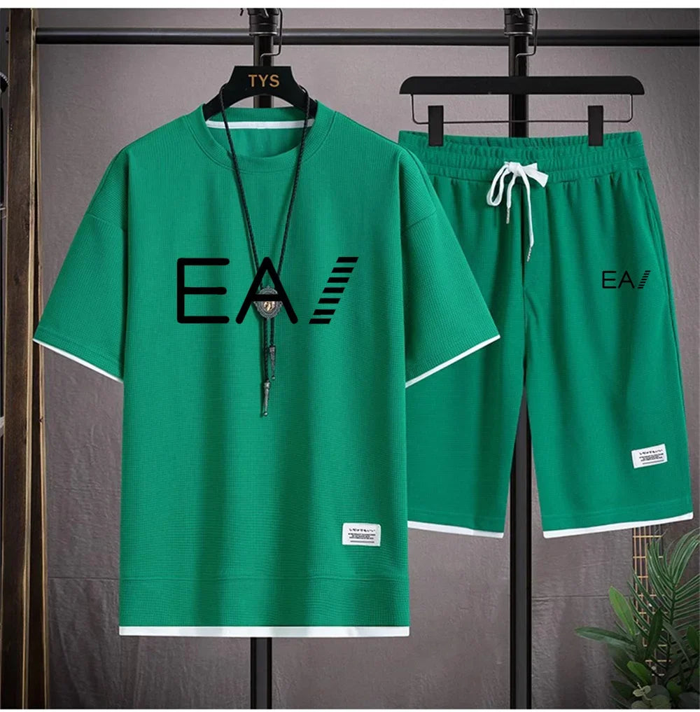 Men's summer new round necked short sleeved and shorts two-piece set with the letters EA1 printed, fashionable and casual set