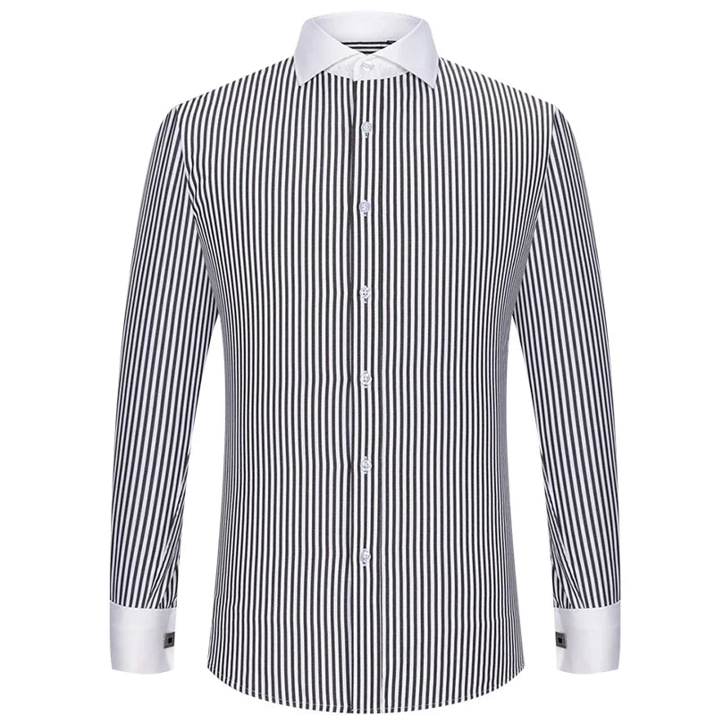 Men's French cufflink shirt with slim fit and contrasting color collar, Windsor collar, striped formal long sleeved shir