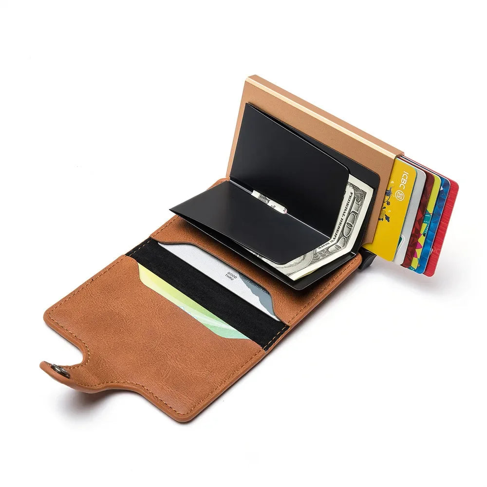 RFID Blocking Credit Card Holder Stainless Steel NFC Anti Scan Business Wallet Genuine PU Leather Purse Money Bag For Men Women