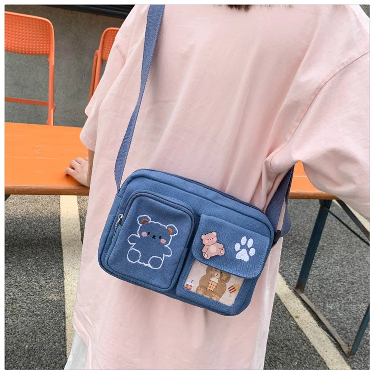 Canvas Small Bag Japanese ins Women Shoulder Bag Cute Funny Personality Embroidery Bear Girl Student Transparent Messenger Bag