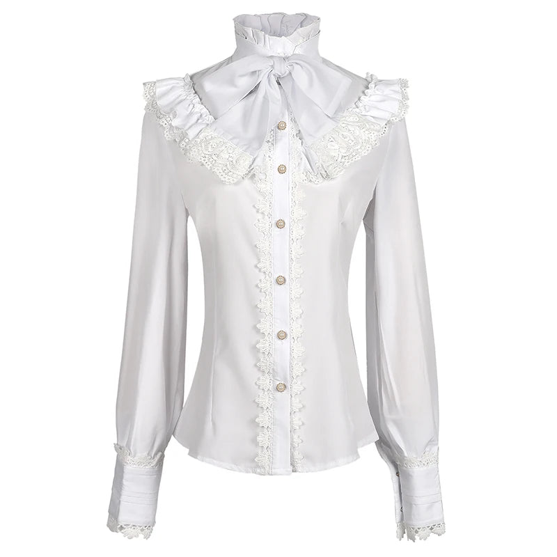 Chemise à manches longues gothique rétro à manches longues en dentelle à volants et col en nœud Lolita Chemise blanche à boutons victorienne Chemise de bureau