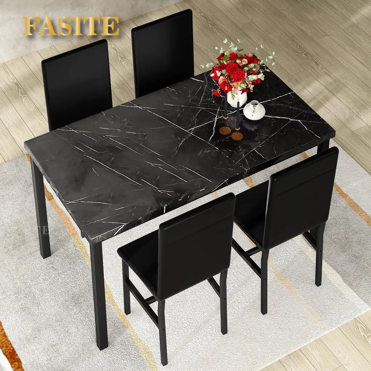 White Faux Marble Dining Table with 4 Upholstered Chairs, 5-Piece Dining Room Table Set for Small Space, Breakfast Table