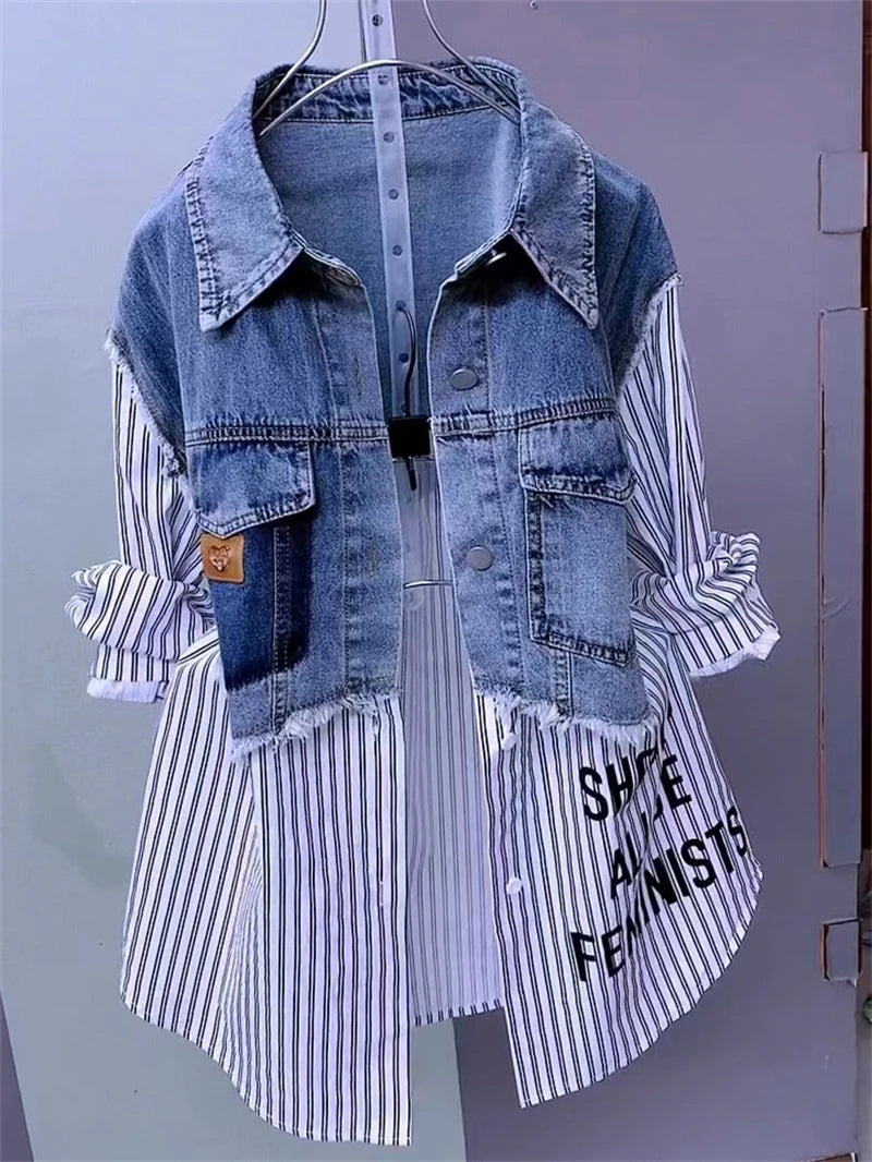 Nouvelle veste en jean épissé pour femmes printemps automne mode coréenne chemise en jean hauts vestes en jean décontractées coupe-vent pour femmes