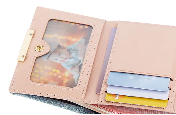 Metal Buckle Ladies Bright Leather Fashion Purse,Women's Short Wallet, Small Shiny Leather Three Fold Leather Wallet Billfold