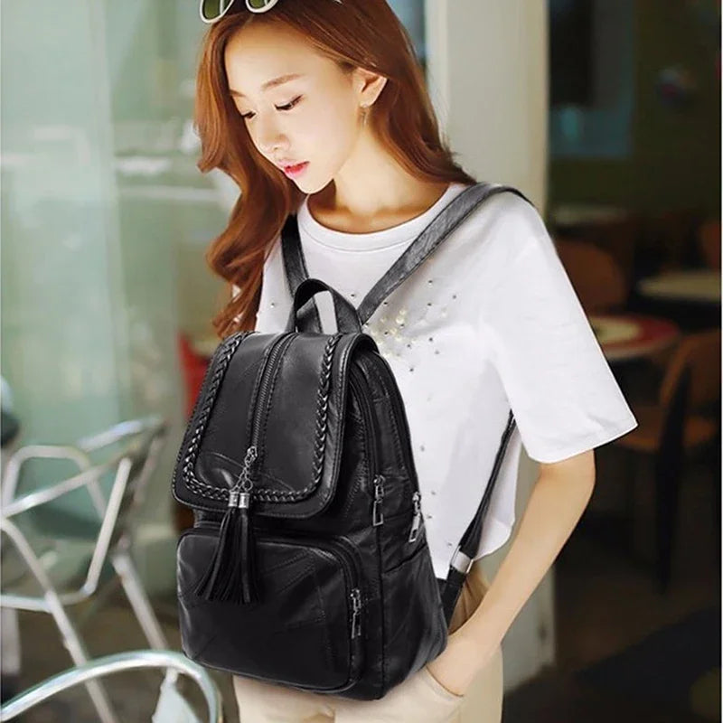 Women Genuine Leather Backpack School Bag Classic Black Waterproof Travel Shoulder Bag Multi-function Backpack Women