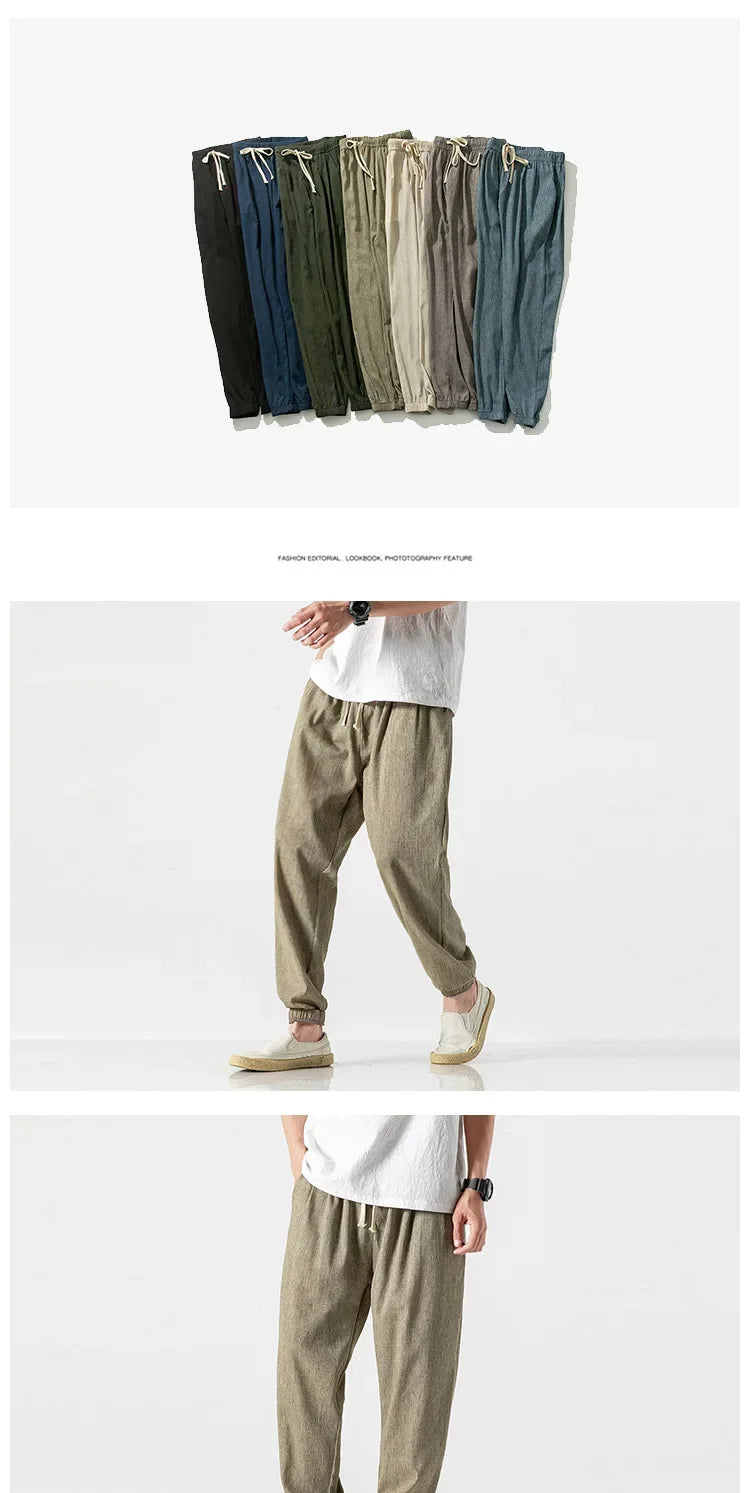 2024 Men's Cotton and Linen Harem Pants Leggings Japanese Casual Pants Chinese Style Bloomers Men's Linen Pants