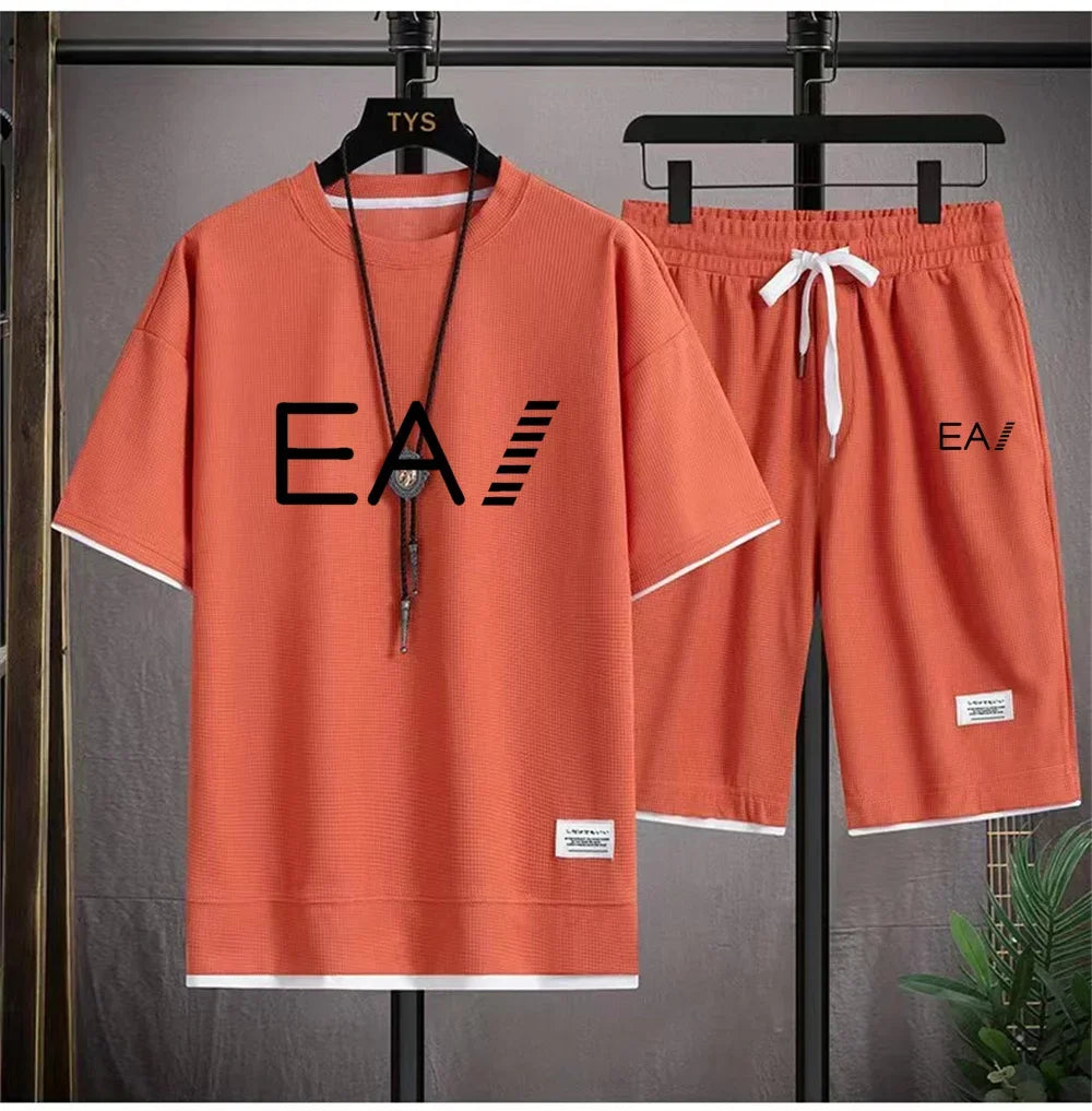 Men's summer new round necked short sleeved and shorts two-piece set with the letters EA1 printed, fashionable and casual set