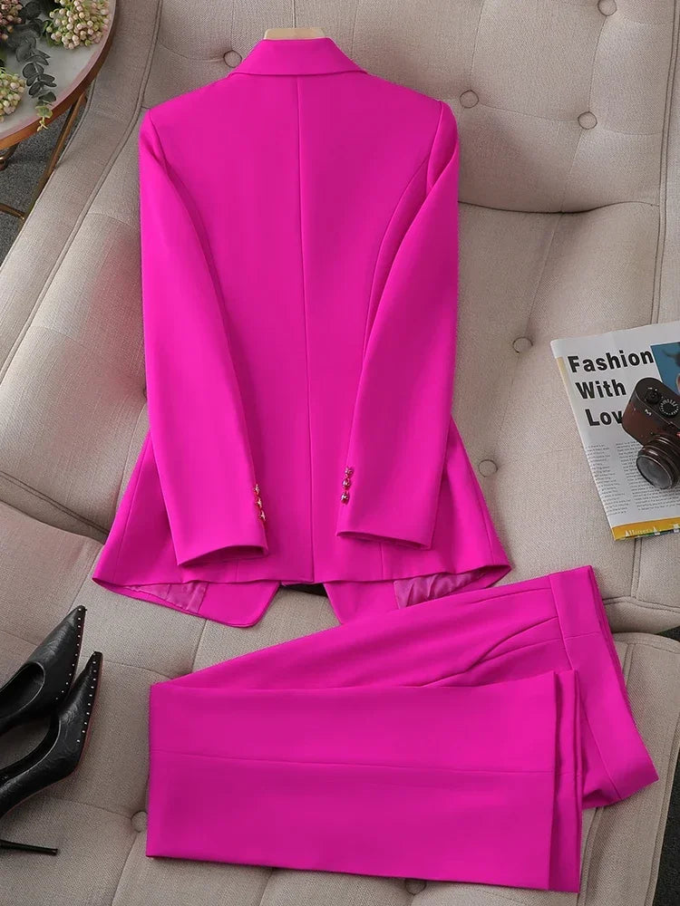 Button Decoration Formal Jacket Blazer and Trouser 2 Piece Set Fashion Pink Green Black Ladies Work Wear Pant Suit Women