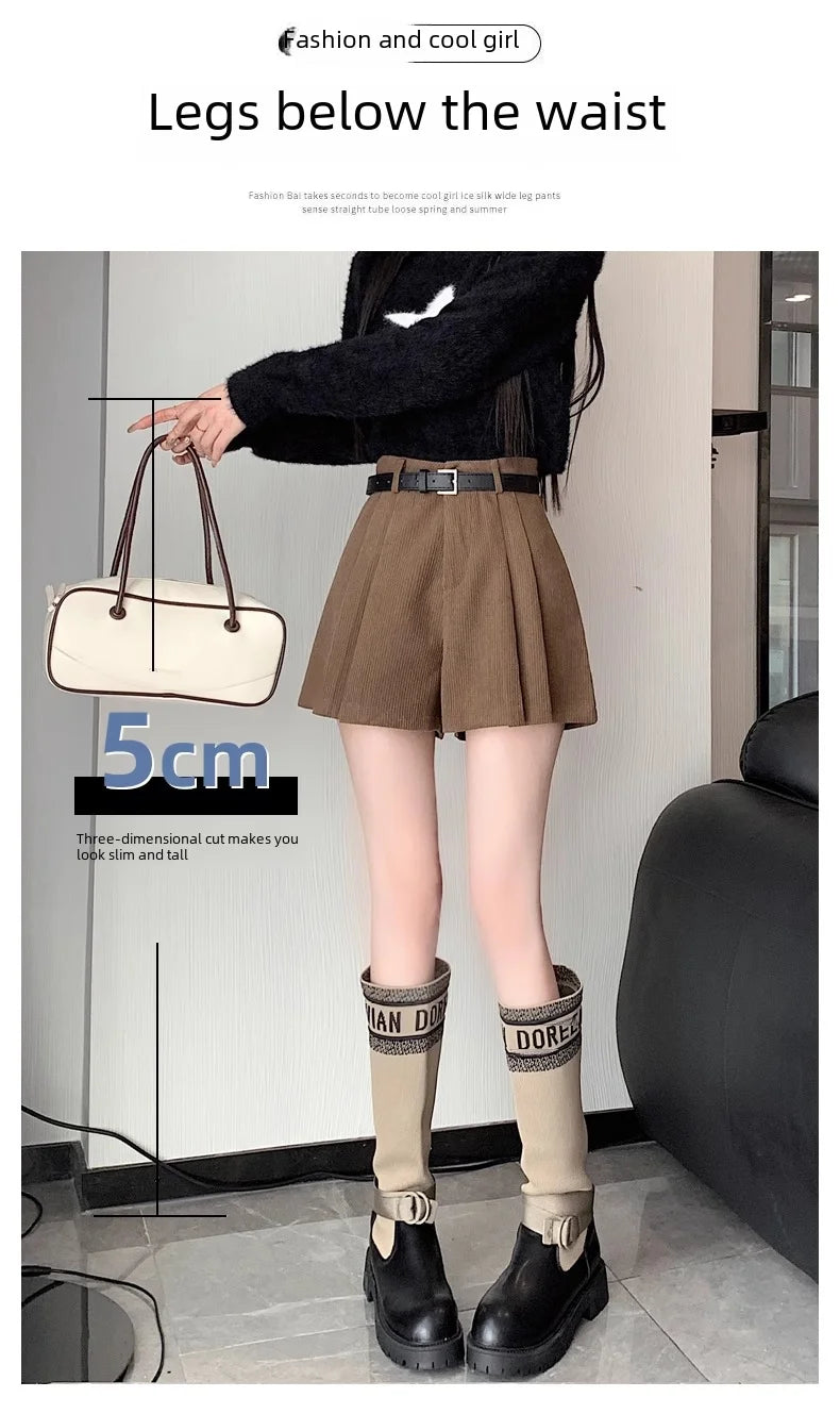 Corduroy Velvet Women Shorts Autumn Winter High Waist Slim Flared Trousers Fashionable Temperament A- crotch Boots