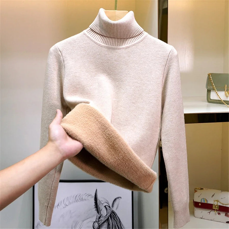 Winter Thick Plush Fleece Lined Knit Pullover Warm Soft Knitwear Jumper Turtleneck Sweater Women Slim Sueter Top New Malhas Pull