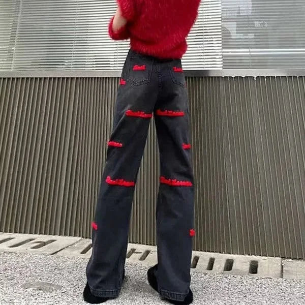 Loose Embroidered High-waist Women Jeans Spring Season Design Letter Straight Crotch Pants Slim Fit Dragging Long Pants