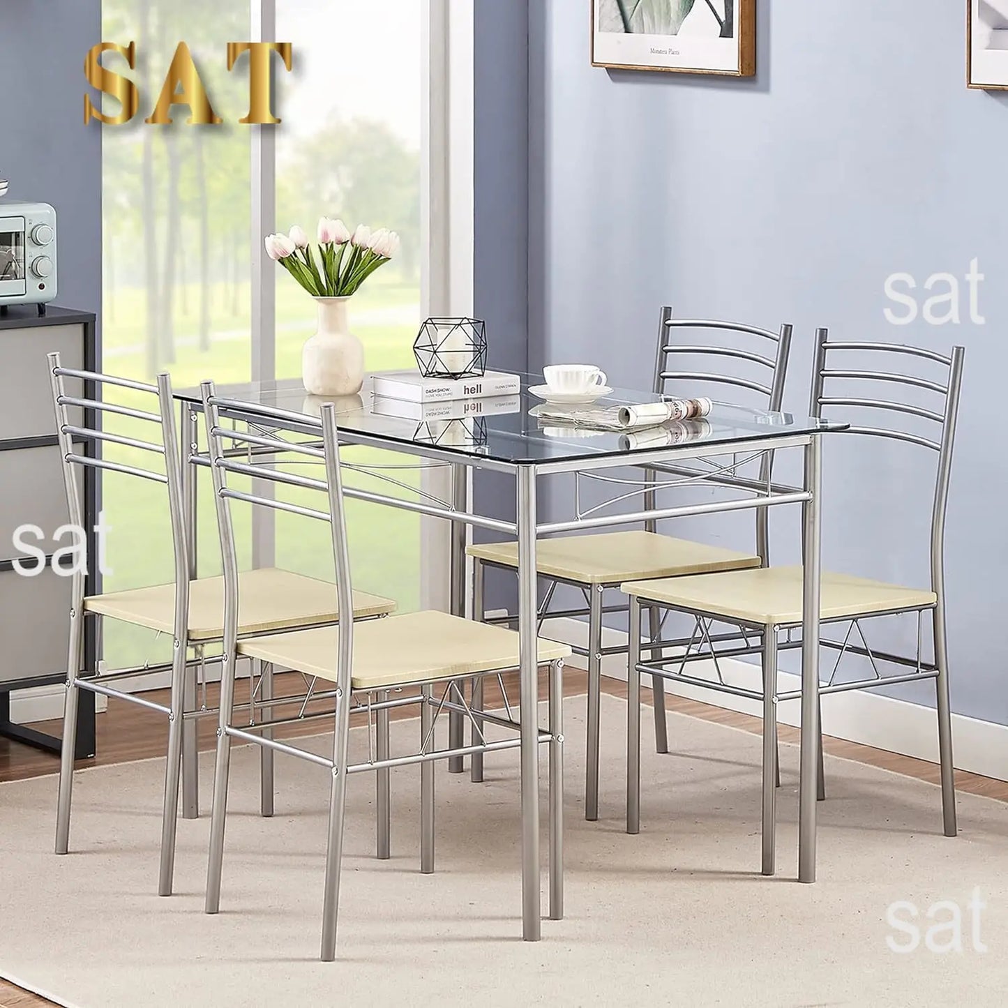 Kitchen Dining Room Sturdy Stable Table and Chairs 4, 5-Piece Dinette Sets, Space Saving (Silver), 43.3",Easy Assembly