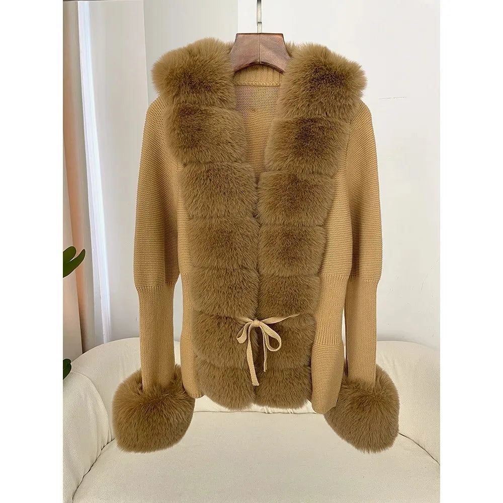 Fall Winter Women Faux Fur Coat Luxury Patchwork Knitted Sweater Bandage Fur Cardigan Detachable Collar Jackets Faux Fur Coats