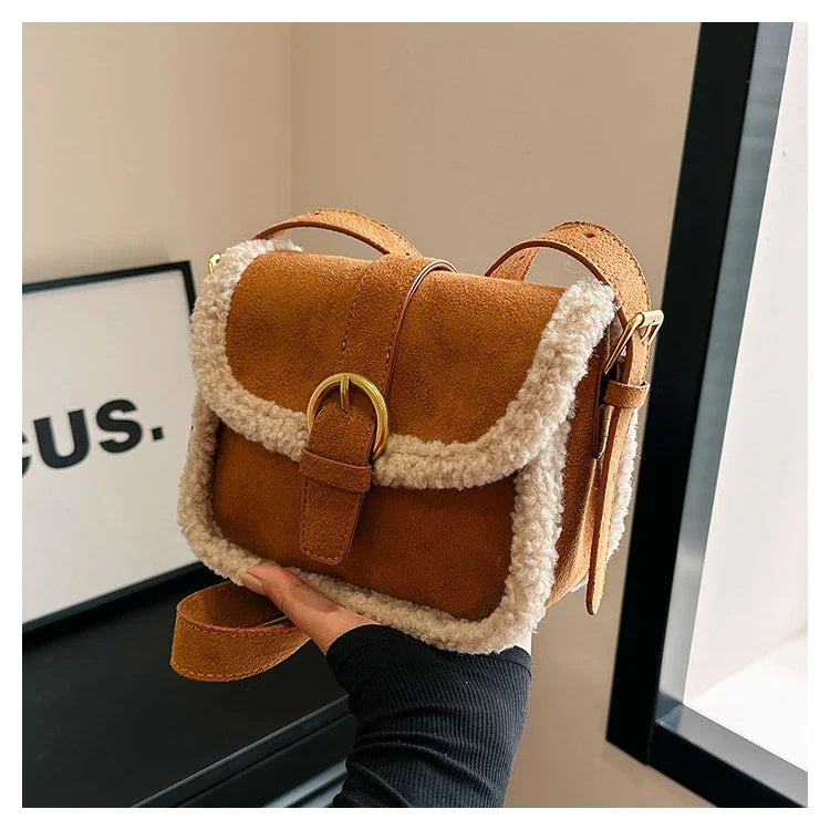 Women's Shoulder Bag Suede and Faux Fur Patchwork Retro Lock Crossbody Bag Small Flap Handbag Brand Designer Tote Bags Handbag