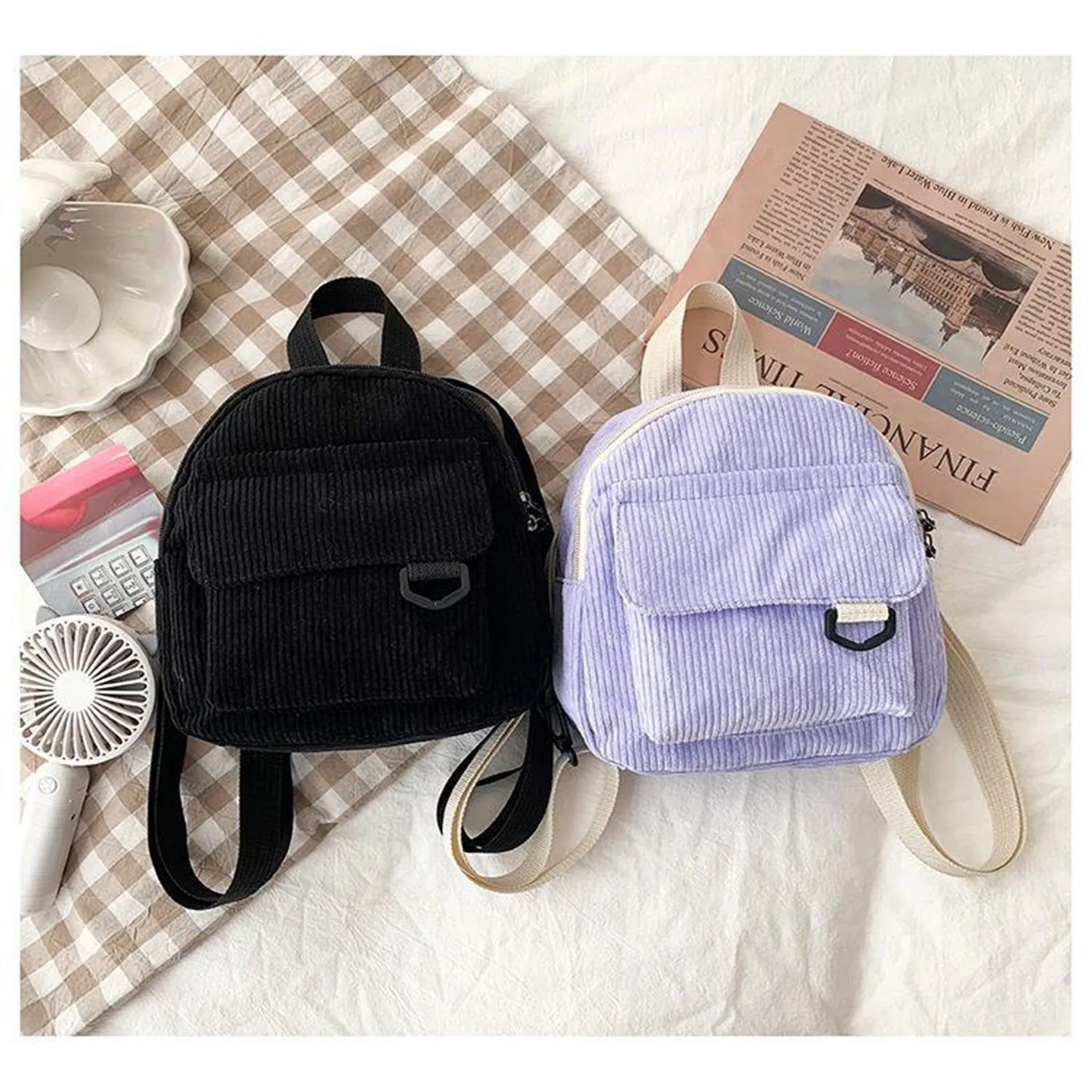 Women's Mini Backpack Fashion Solid Color Corduroy Small Simple Casual Traveling Large Capacity Female's Schoolbag