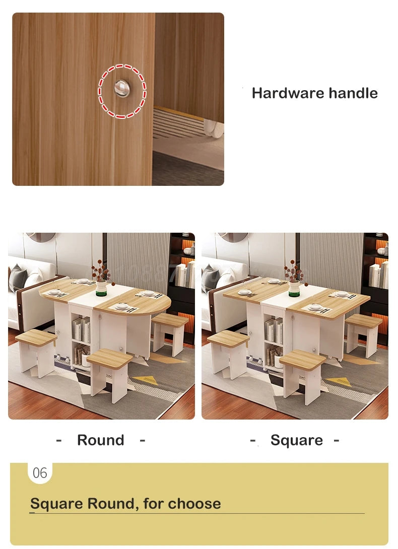 Folding Dining Table Movable Table Set  1.2m Round/ Square Table With 4 Chair Furniture For Dining Room Apartment Living Room