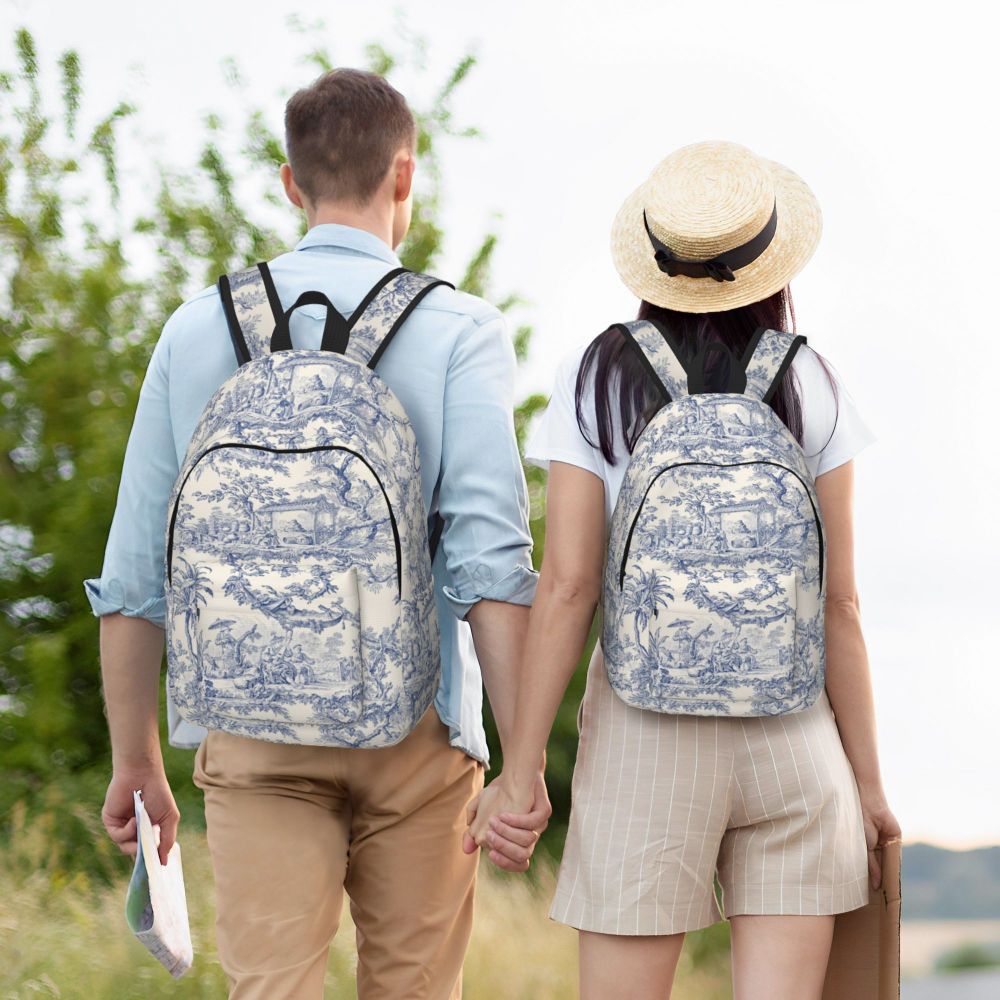 Personalized Navy Blue Toile De Jouy Canvas Backpacks Men Women Basic Bookbag for School College French Countryside Floral Bags