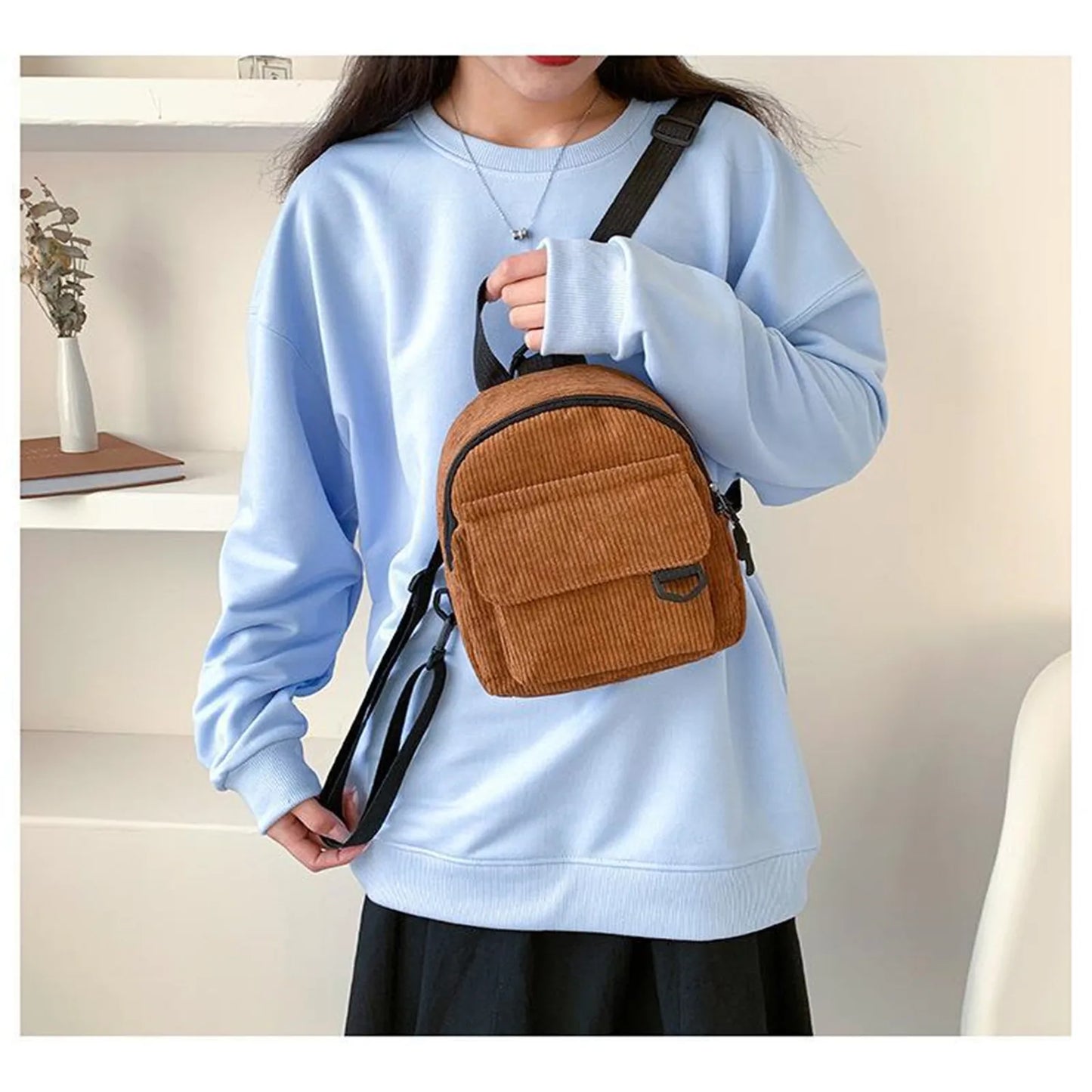 Women's Mini Backpack Fashion Solid Color Corduroy Small Simple Casual Traveling Large Capacity Female's Schoolbag