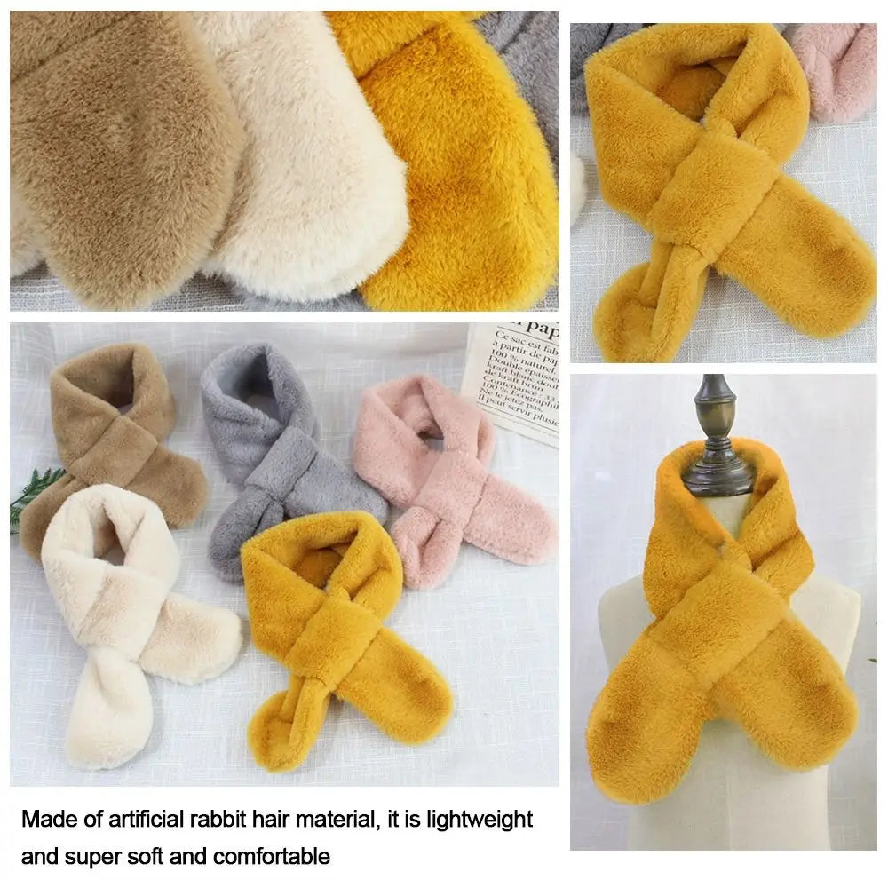 Children Boys Girls Winter Warm Thicken Cross Collar Scarf  Solid Color Faux Rabbit Fur Plush Cute Shawl Scarfs