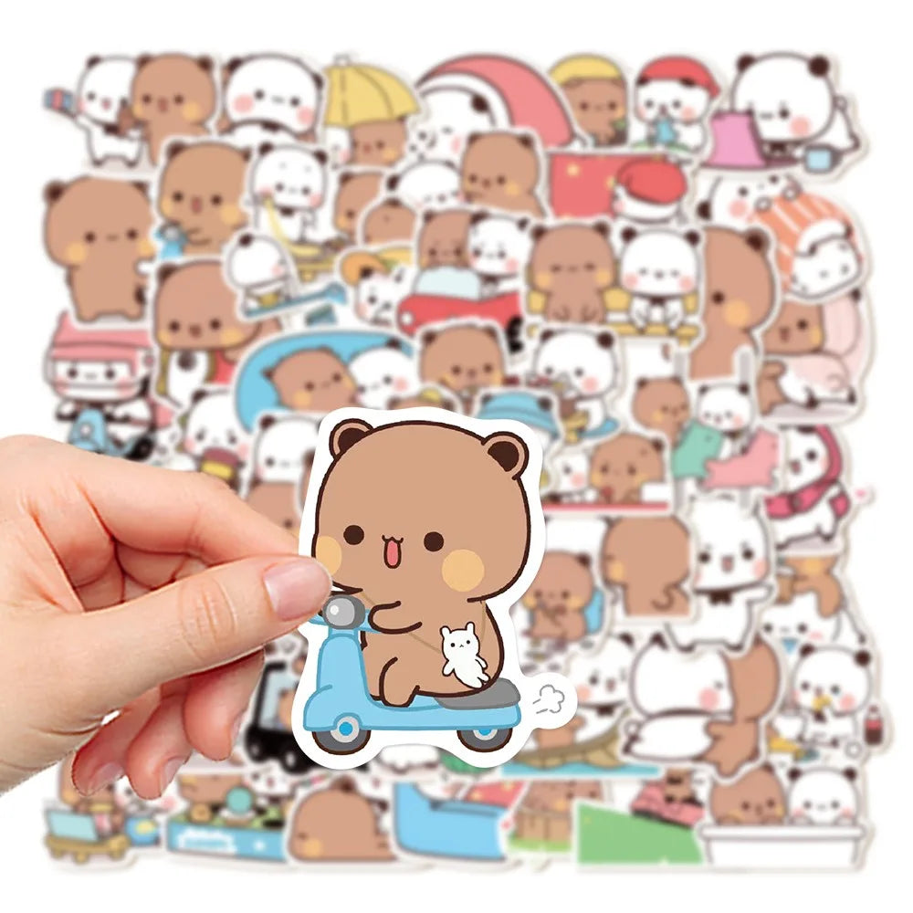 50sheets/set Bear Cute Bear and Panda Stickers Waterproof Panda Cartoon Bear and Panda Stickers Cartoon PVC Bubu Dudu Stickers