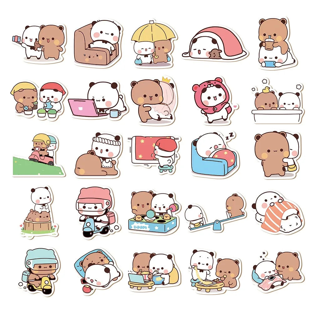 50sheets/set Bear Cute Bear and Panda Stickers Waterproof Panda Cartoon Bear and Panda Stickers Cartoon PVC Bubu Dudu Stickers