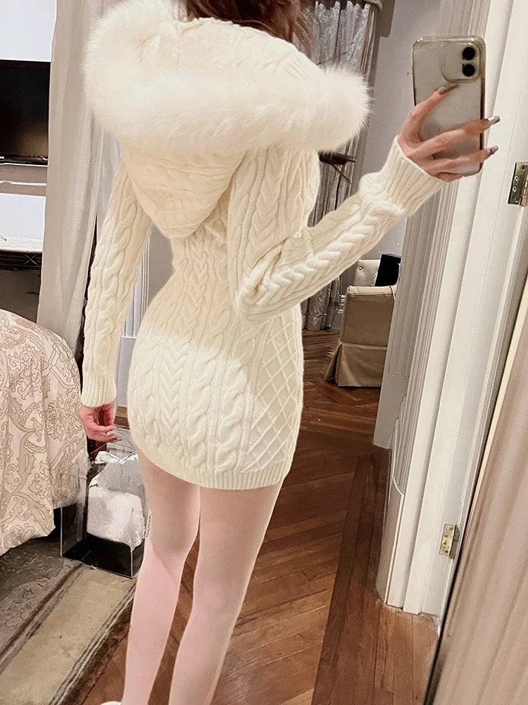 2023 Winter Knitted Sweater Dress with Hooded Women Slim Bodycon Y2k Mini Dress Faux Fur Female One Piece Dress Korean Elegant