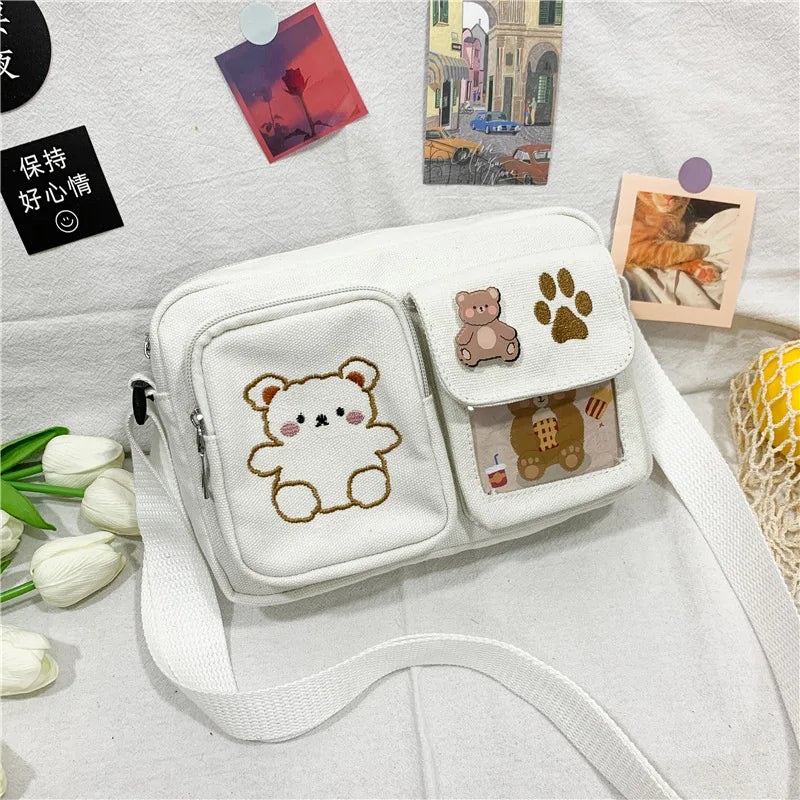 Canvas Small Bag Japanese ins Women Shoulder Bag Cute Funny Personality Embroidery Bear Girl Student Transparent Messenger Bag