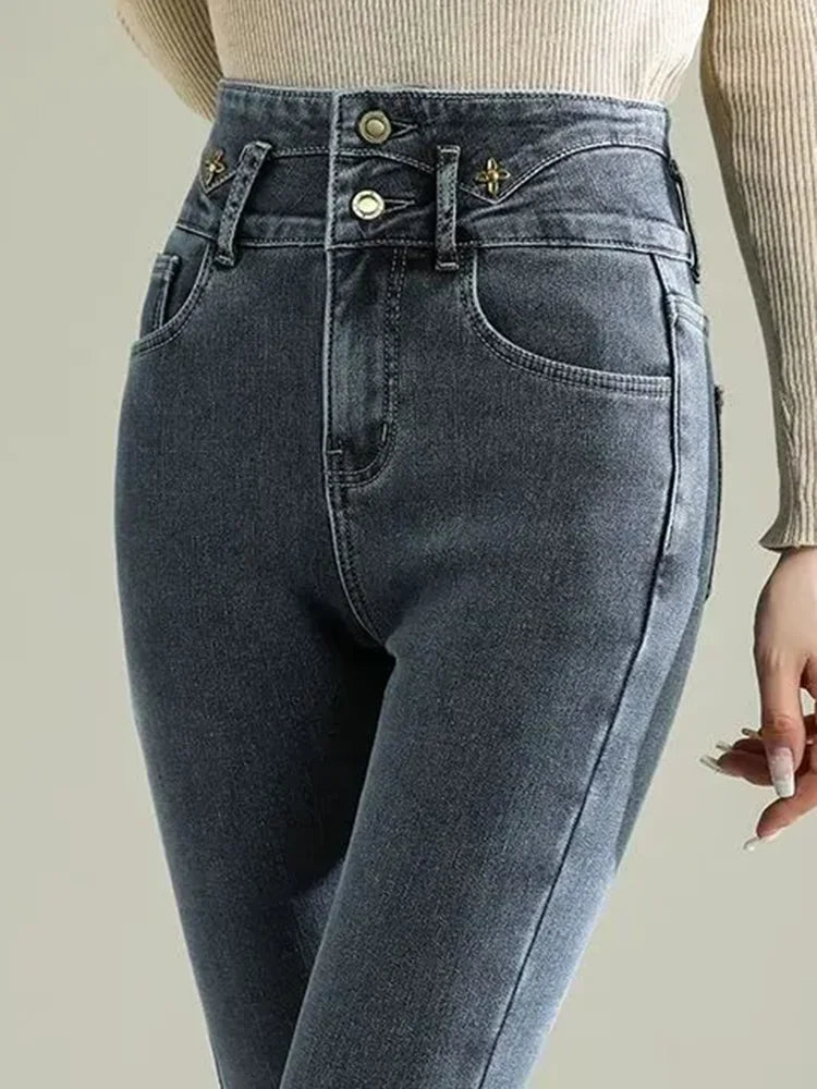 Women Thicken Skinny Pencil Jeans Winter Warm High Waist Stretch Velvet Lined Vintage Denim Pants Korean Solid Y2k Slim Vaqueros