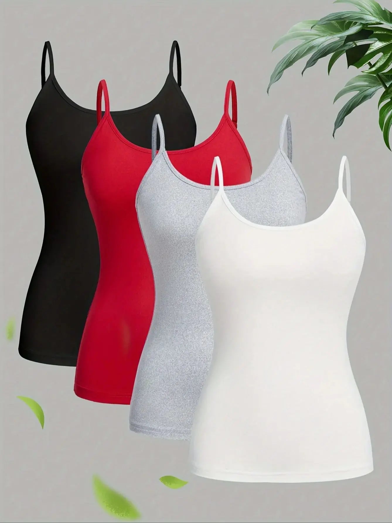 Lot de 4 hauts camisole décontractés sans manches à bretelles spaghetti de couleur unie, vêtements pour femmes