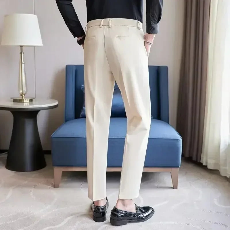 Men's Suit Pants Gray White Black Slim Business Casual Nine-point Pants Straight Plus Size Trousers Office Social Wedding