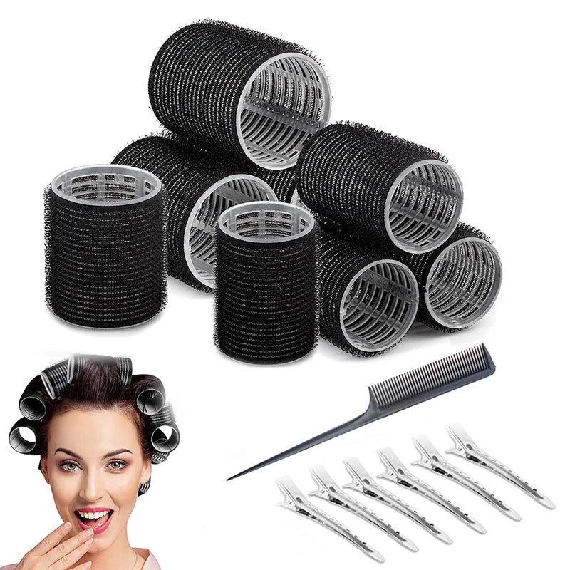 Lot de 13 bigoudis auto-agrippants noirs sans chaleur pour cheveux, boucles sans chaleur, franges, volume, crochets auto-adhésifs, outils de coiffure DIY