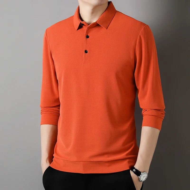 Men's Fashion Waffle Solid Long Sleeved Polo Shirt Summer Breathable Comfortable Top