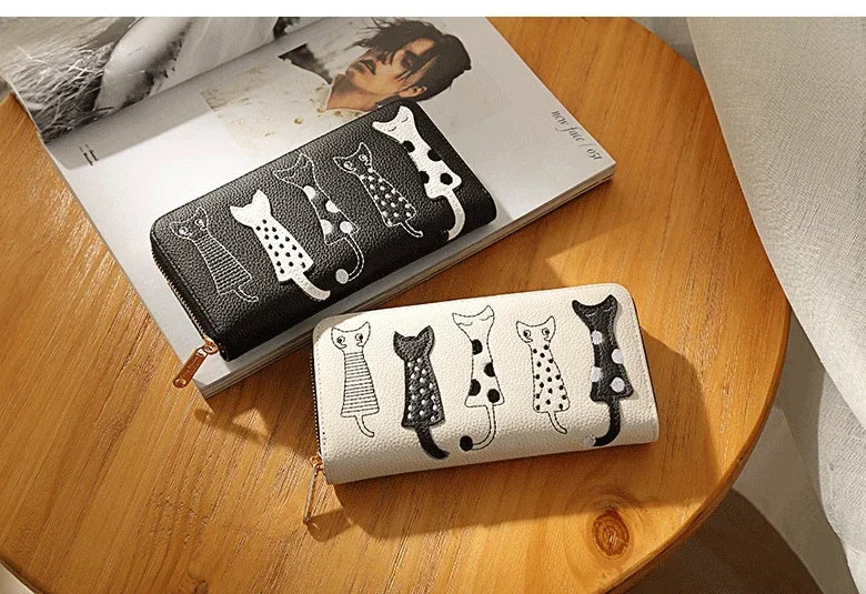 Women European and American Cats Cute Cartoon Embroidery Thread Ladies Zipper Long Wallet Clutch Bag Simple Fashion